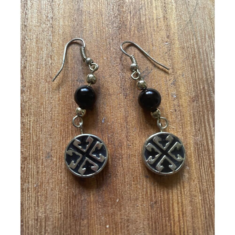 Women's/Teen Black Drop/Dangle Earrings with Gold Logo Feminine Elegant - Picture 1 of 5